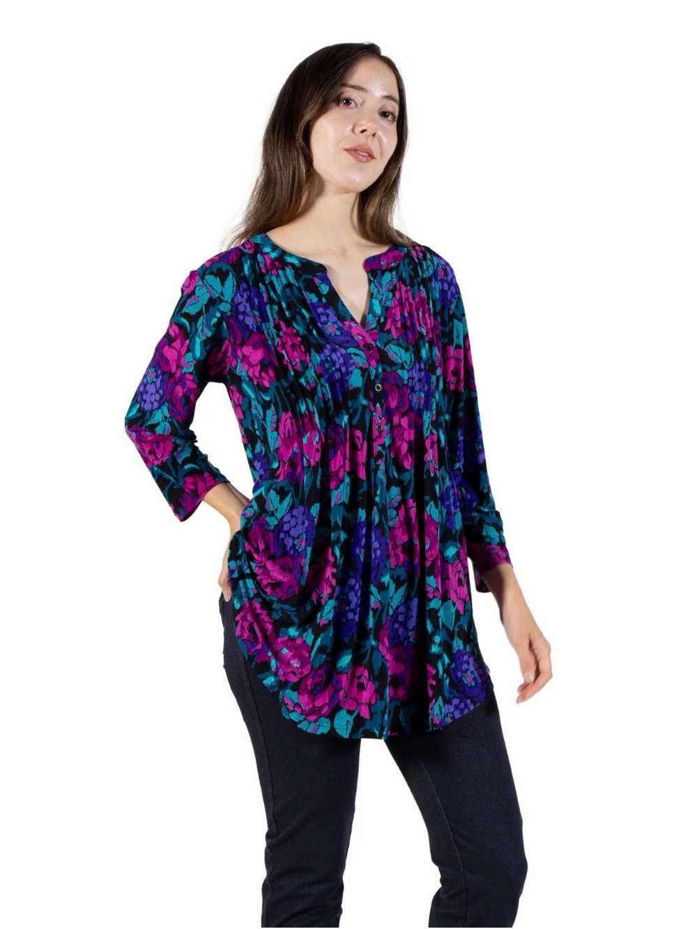 NWT La Cera Pleat Front Floral Tunic, Small